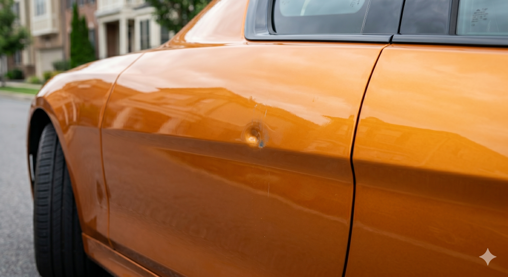 Orange car door with small dent damage before paintless dent removal by Symtek Automotive in Canton, Ohio.