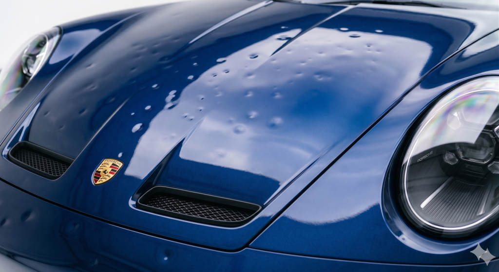 Blue sports car hood with visible hail dents before paintless dent repair by Symtek Automotive in Canton, Ohio.